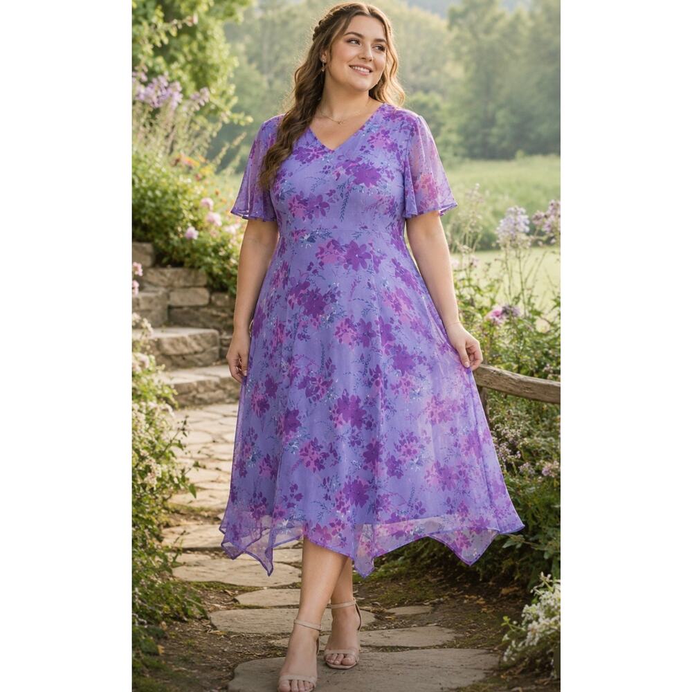 New Phool floral midi flutter sleeve spring summer dress hanky hem L petite